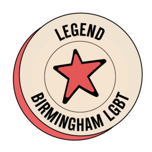 Representation of a badge with the words "LEGEND - BIRMINGHAM LGBT" on it.