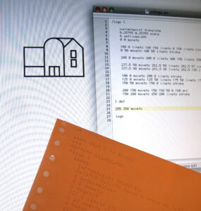 A picture of a computer screen showing a Postscript program listing, alongside its diagrammatic output. In front of the screen a listing of the same program on sprocket hole paper from 1988.