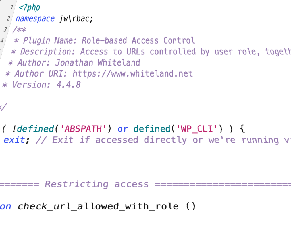 Skewed screenshot of syntax highlighted PHP code (it's for the "Role-based Access Control" plugin).