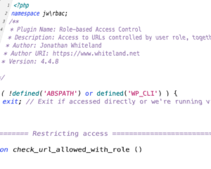 Skewed screenshot of syntax highlighted PHP code (it's for the "Role-based Access Control" plugin).